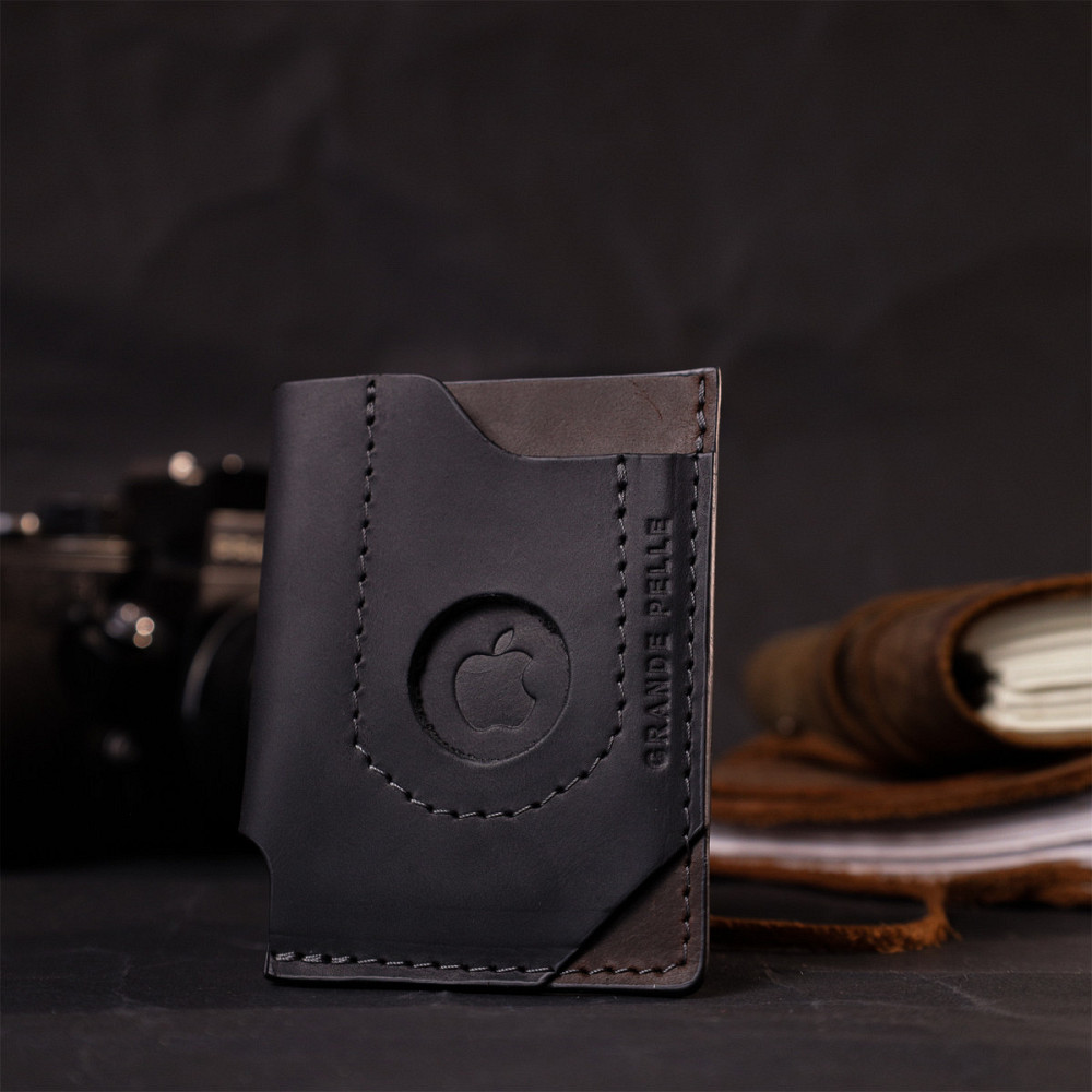 Цікавий картхолдер з утримувачем для Apple AirTag з натуральної шкіри GRANDE PELLE 11608 Чорний Київ - фото 7