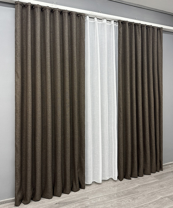 Комплект штор VR-Textil лен премиум ELEMENTA 150х270 2шт и Тюль 500х270 1867ш-115т венге с белым 71-072/4 Киев - изображение 3