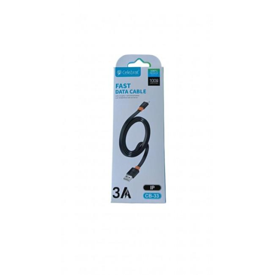 Кабель Celebrat CB-33 USB - Lightning 3A, 1 м, плоский, чорний, для заряджання та передачі даних Київ