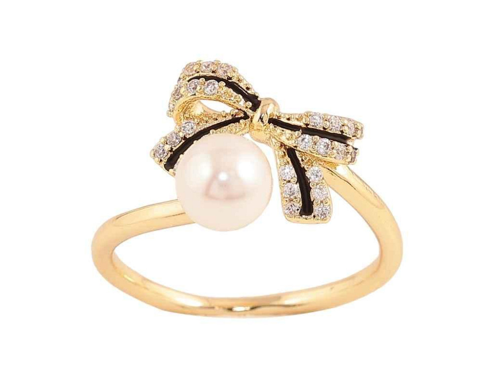Каблучка Позолота 14K Бант з кристалами, чорною емаллю та перлиною 11199 р.16-17 ТМ XUPING Київ - фото 1