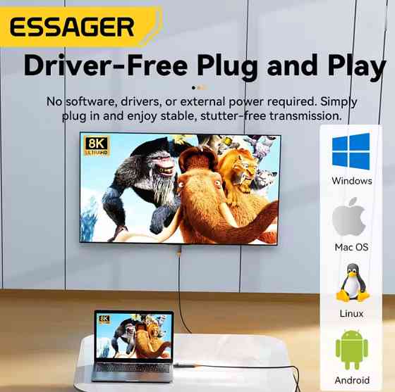 Essager адаптер Type-C на DisplayPort 8K 60Hz для ПК и ноутбука высокая скорость передачи видео Николаев