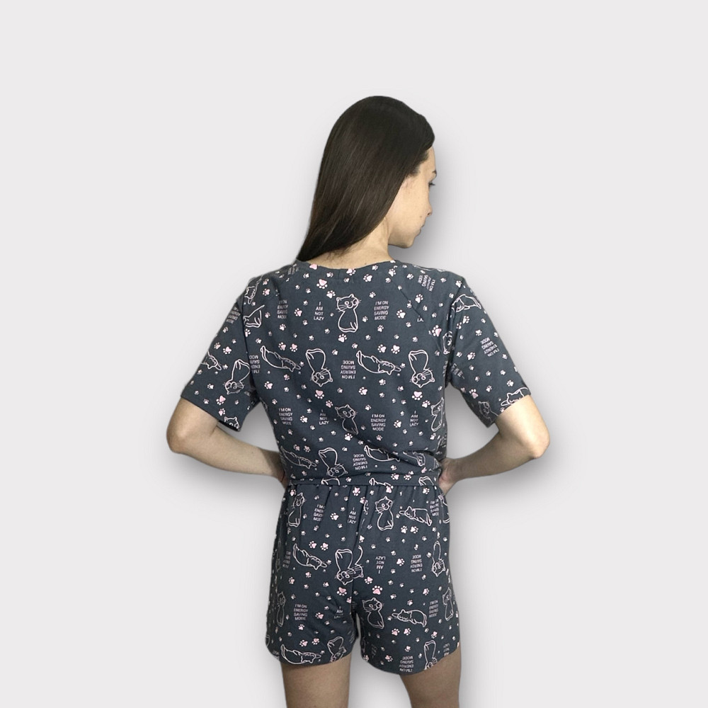 Пижама женская с шортами хлопок Розовый котики Cерая S/M Харьков - изображение 4