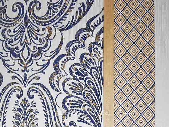 Шпалери текстильні еко 0.53х10.05 Rasch Textil Valentina класика вензелі дамаски сині з золотом на білому Київ