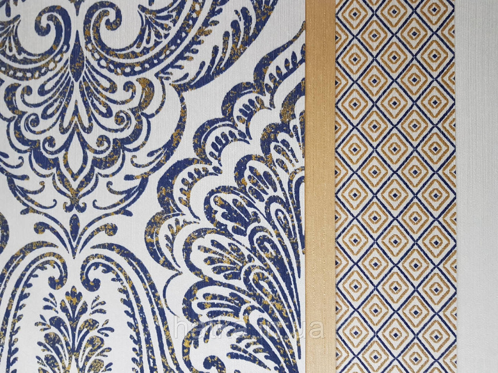 Шпалери текстильні еко 0.53х10.05 Rasch Textil Valentina класика вензелі дамаски сині з золотом на білому Київ - фото 3