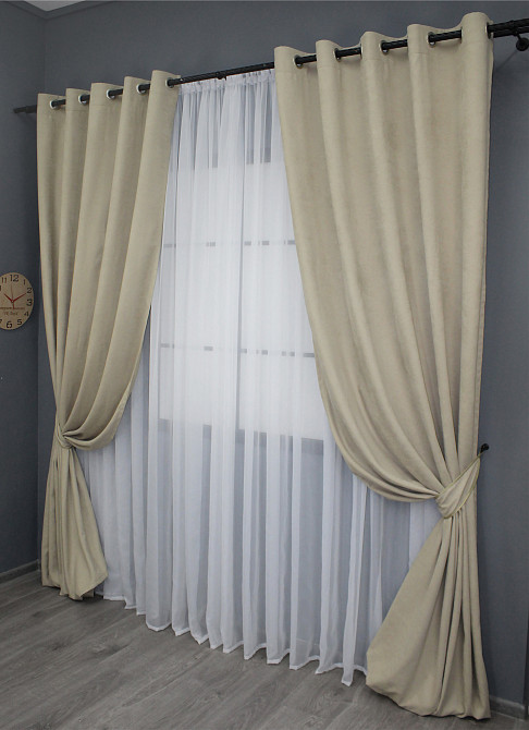 Комплект штор на люверсах VR-Textil Мікровелюр Petek № 1488ш Бежевий 150х270 см 2 шт (37-0168) Київ - фото 3