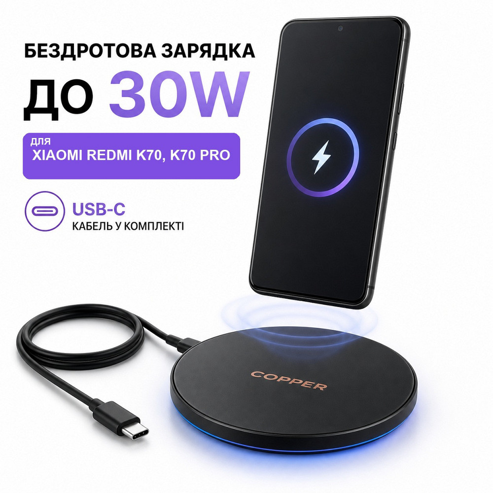 Бездротовий зарядний пристрій Copper до 30W для Xiaomi Redmi K70, K70 Pro, USB-C, LED Київ - фото 2