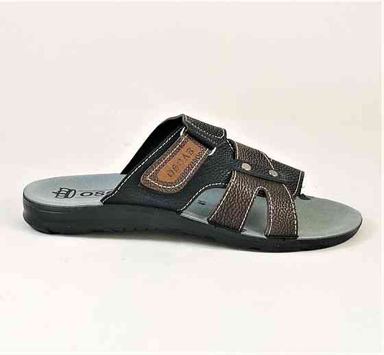 Мужские Шлёпанцы Тапочки Сланцы Чёрные с Коричневым Кожаные (размеры: 41,42,44,45) Днепр