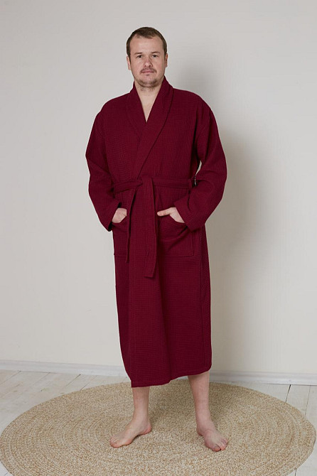 Чоловічий вафельний халат Ideal Textile довгий бордовий (56860594) Чернівці - фото 3