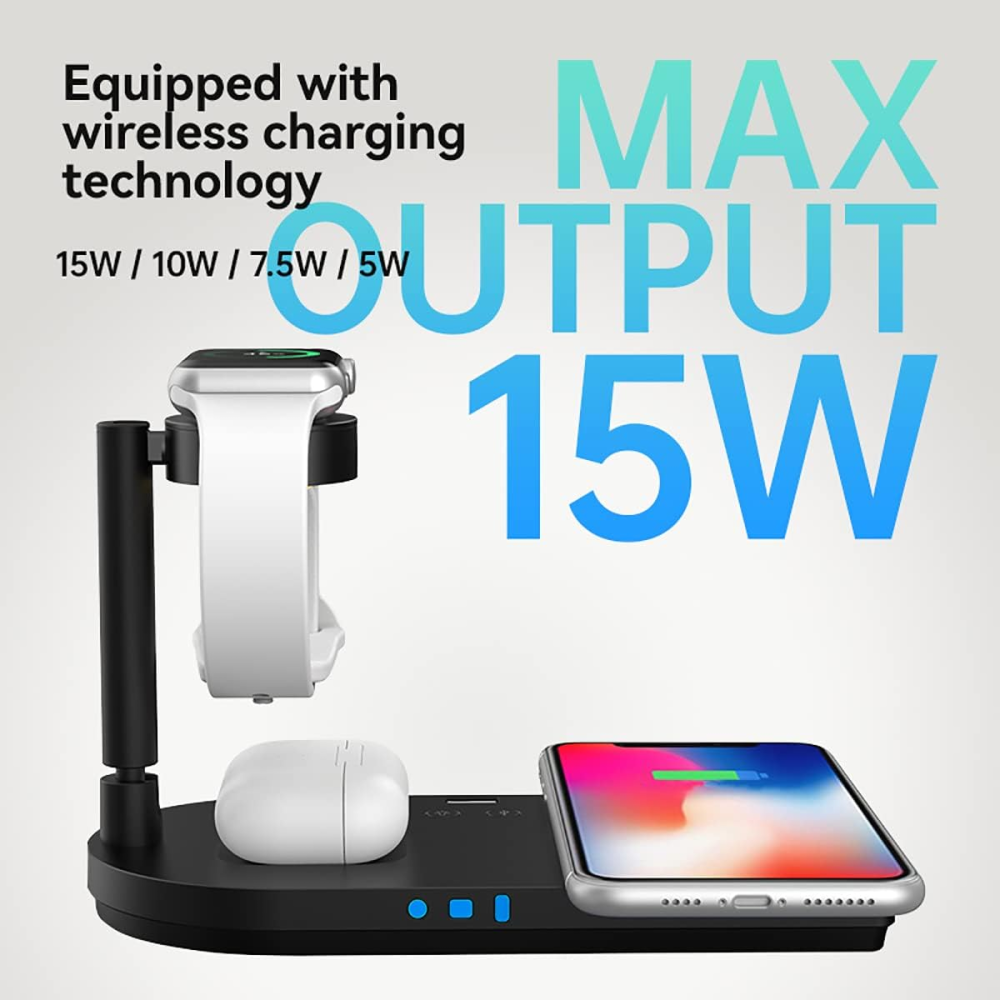 Бездротова зарядна станція 4 в 1 F5 для iPhone, Apple Watch, AirPods Швидка зарядка 15W з підсвічуванням Чорна Київ - фото 4