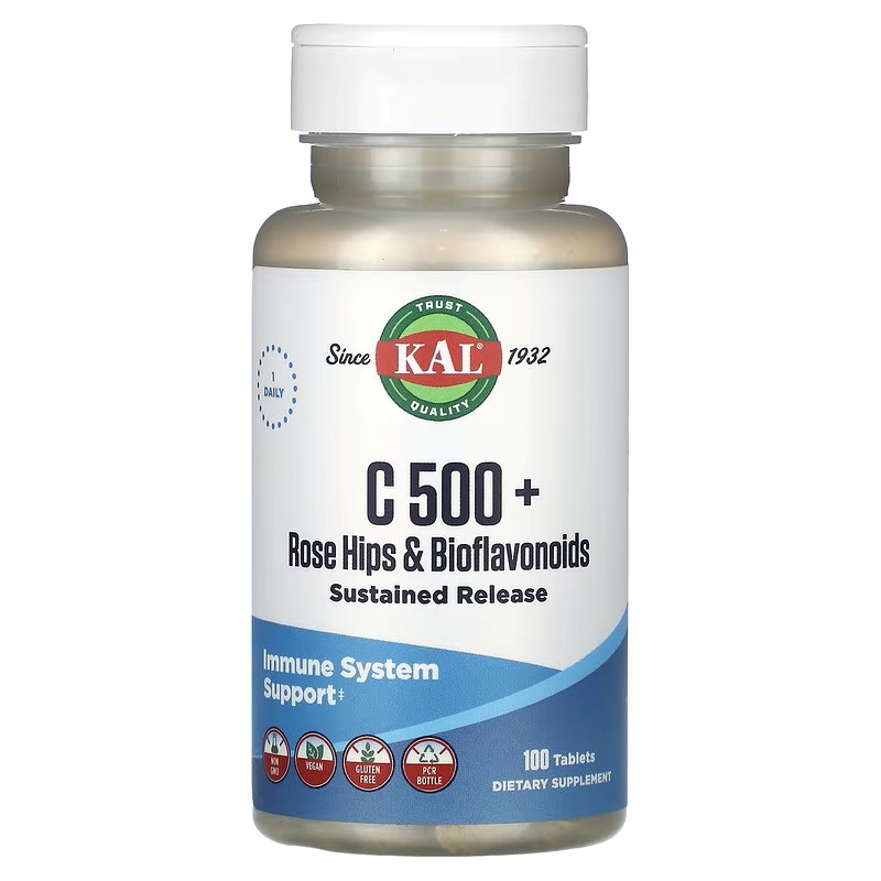 Витамин C + плоды шиповника и биофлавоноиды KAL C 500 + Rose Hips & Bioflavonoids, 100 Tablets Луцк - изображение 1