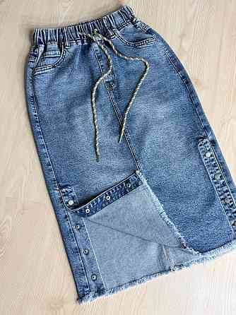 Юбка женская джинсовая ZJY 67510 - 68016 с разрезами резинка на талии большие размеры голубая, голубой, З4, 34, 94 см, 112 см Киев