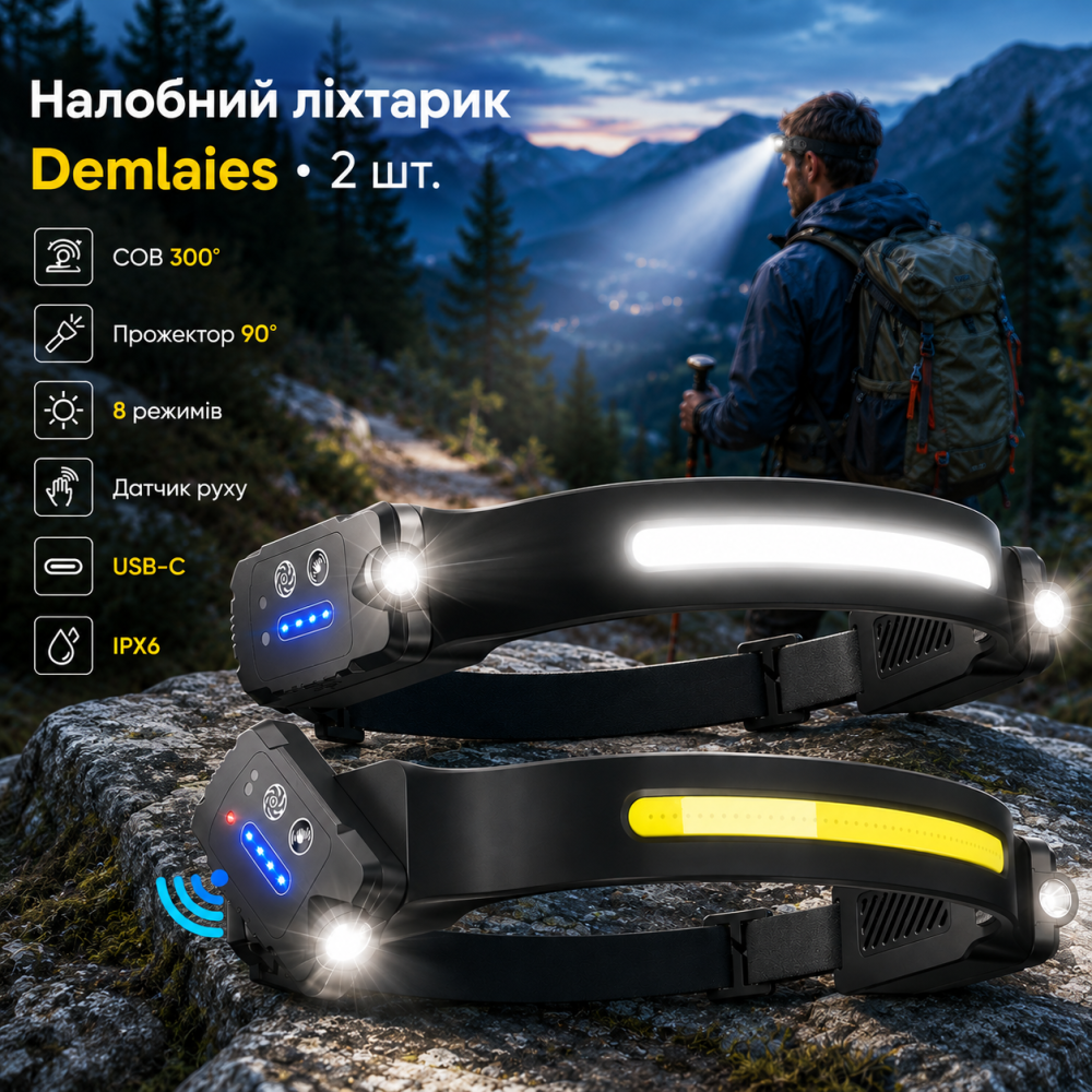 Налобный фонарик 2 шт. Demlaies, аккумуляторный, COB 300°, прожектор 90°, 8 режимов, датчик движения, USB-C, IPX6 Киев - изображение 1