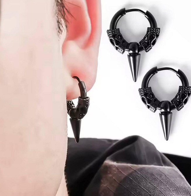 Сережки кільця чорні з підвіскою шип пара чоловічі сережки кільця масивні Київ - фото 3