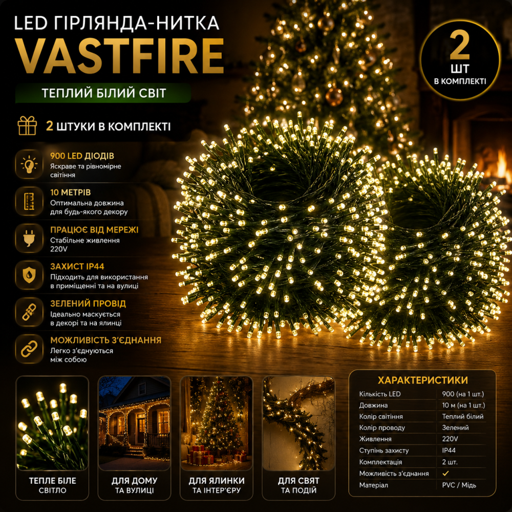 Комплект 2 шт LED гірлянда-нитка 10 м VASTFIRE, 900 LED, теплий білий, IP44, від мережі, зелений провід Київ - фото 8