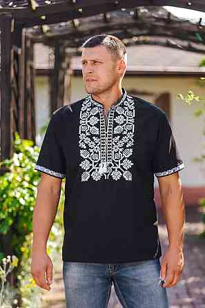 Вишиванка лляна, чоловіча, чорна, короткий рукав, топ 62 Київ