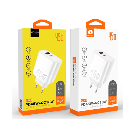 Мережевий зарядний пристрій WUW-C209 45W PD USB-C + USB QC3.0 18W white Одеса