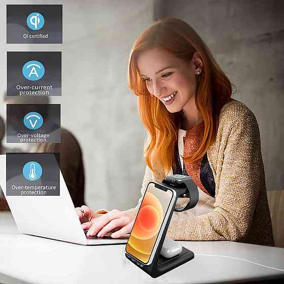 Беспроводная зарядка стенд 3в1 Fast 15W iPhone+Apple Watch+AirPods Черная Киев
