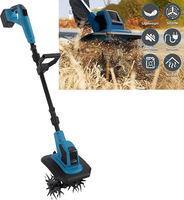 Культиватор садовий із подвійною фрезою для розпушування та прополювання городу бездротовий + 2 акумулятори Синій Київ - фото 8