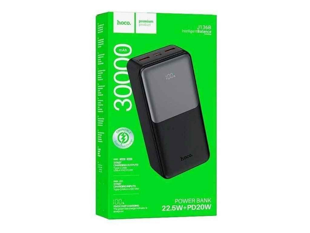 Power Bank 30000mAh J136B 3A/2USB/QC3.0/22.5W/PD20W/LED дисплей (input Micro/Type-C) чорний ТМ Hoco Київ - фото 1