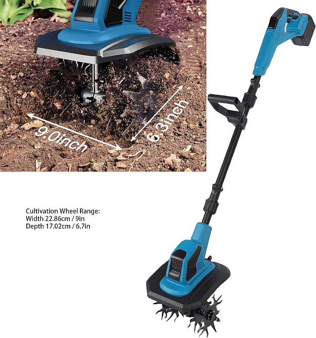 Культиватор садовий із подвійною фрезою для розпушування та прополювання городу бездротовий + 2 акумулятори Синій Вінниця - фото 9