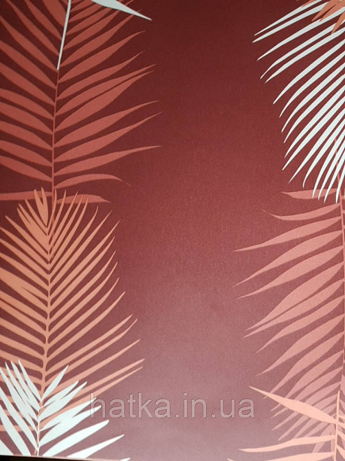 Шпалери вінілові Lutece Bensimon листя папороті білі теракотові рожеві на бордовому Київ - фото 1