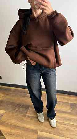 Жіноче тепле об'ємне базове худі оверсайз крою турецька тринитка на флісі Шоколад Одеса