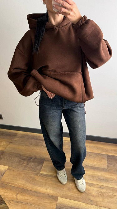 Жіноче тепле об'ємне базове худі оверсайз крою турецька тринитка на флісі Шоколад Одеса - фото 5