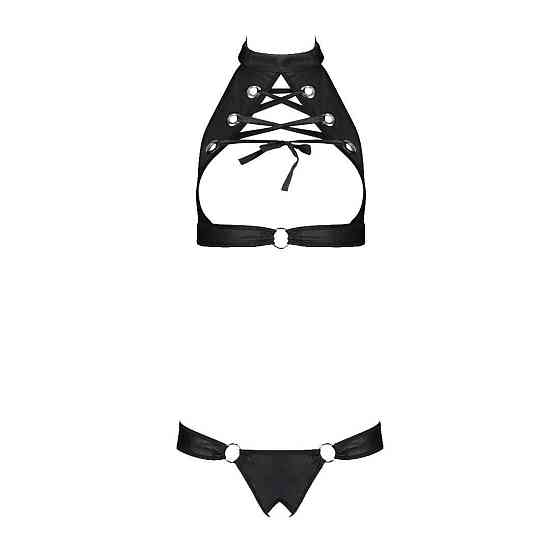 Комплект из экокожи Passion MALWIA SET with Open Bra 6XL/7XL black, топ и трусики с люверсами Sex Aura Киев
