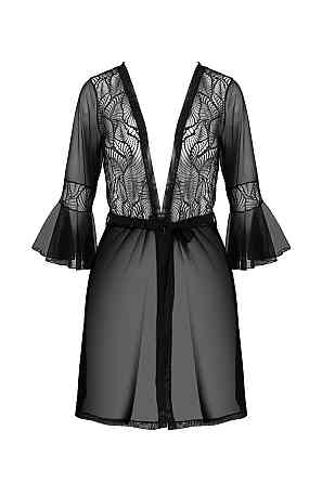 Пеньюар Passion LEAFA PEIGNOIR black S/M, довжина трохи вище коліна, широкі рукави, зав'язується на пояс Sex Aura Київ