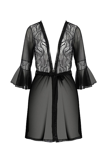 Пеньюар Passion LEAFA PEIGNOIR black S/M, довжина трохи вище коліна, широкі рукави, зав'язується на пояс Sex Aura Київ - фото 3