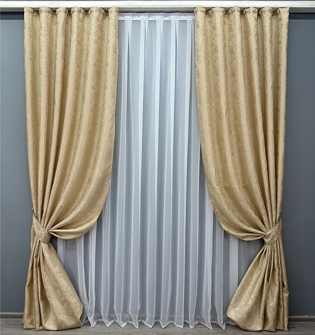 Комплект готовых штор VR-Textil Жаккард Мрамор Al1 № 439ш Золотистый 150х270 см 2 шт (33-1037) Киев - изображение 2