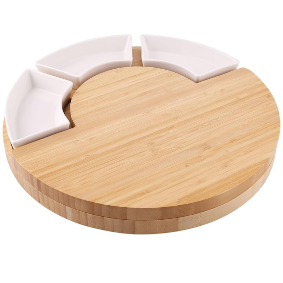 Дошка бамбукова кругла для сиру і закусок з ножами, дерев'яна сервірувальна менажниця діаметр 33 см Кам'янець-Подільський