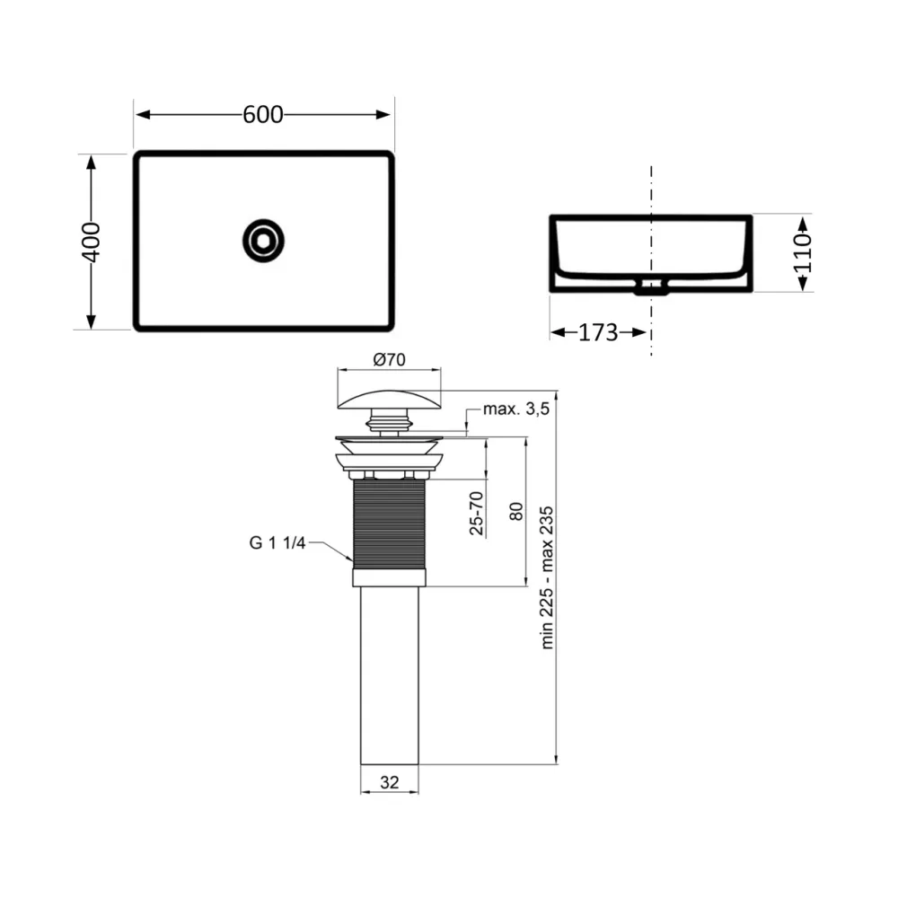 Комплект Qtap Tern: Раковина накладна прямокутна 600x400x110 мм WHITE + Донний клапан PU02 Київ - фото 2