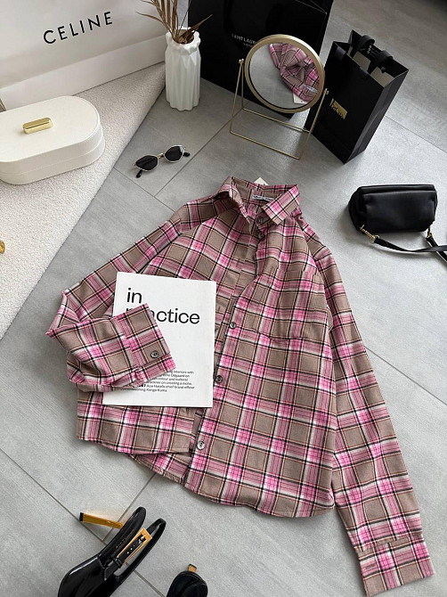 Женская повседневная оверсайз рубашка в клетку костюмный тиар Розовый Одесса - изображение 8