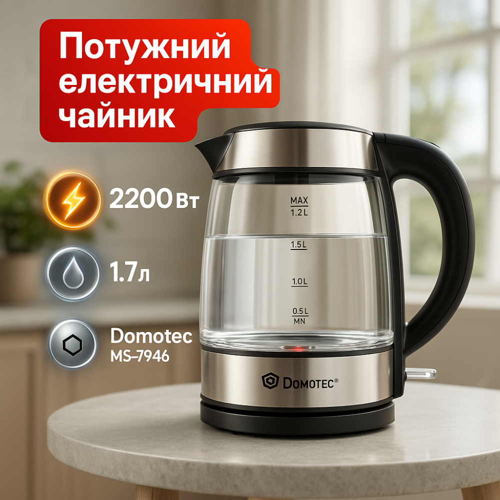 Бытовой чайник для кухни Domotec, Современный электрочайник для дома, Електрочайник фирменный UN-13 Львов - изображение 10