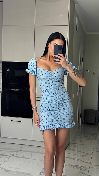 Женское легкое романтичное мини платье в цветочный принт софт 42/44, Голубой Одесса - изображение 5