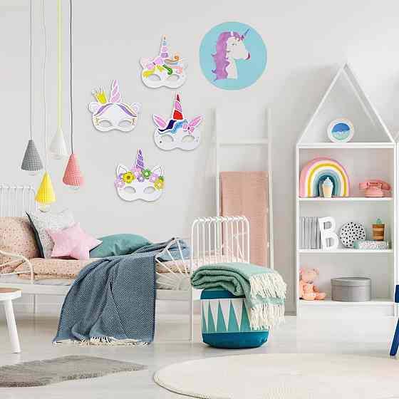 Набір масок єдинорога 24 шт паперові для розмальовки рожевий різнобарвний з пензлем і резинками креативний набір для дітей Київ