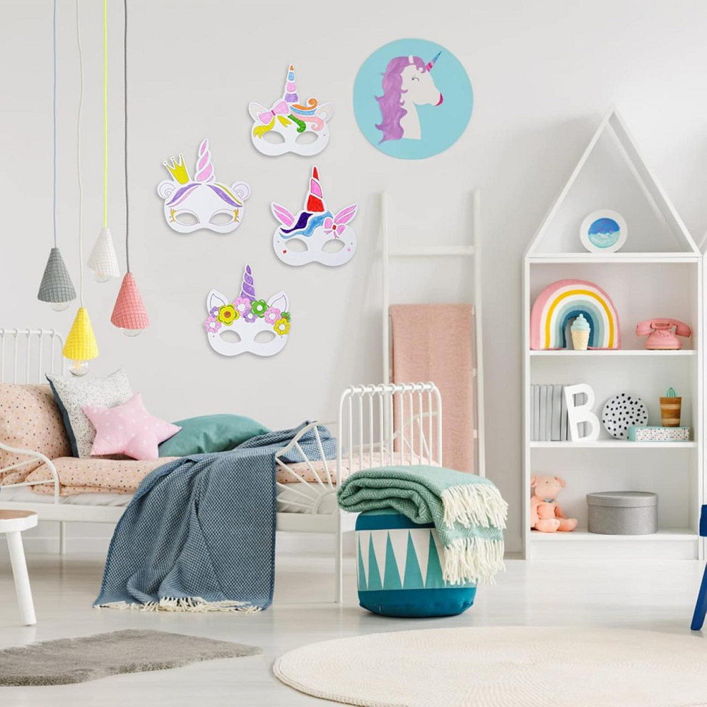 Набір масок єдинорога 24 шт паперові для розмальовки рожевий різнобарвний з пензлем і резинками креативний набір для дітей Київ - фото 4