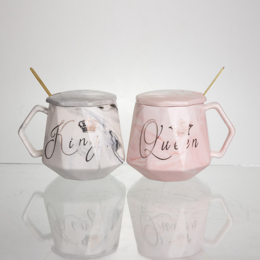 Набор парных фарфоровых чашек Queen&King 2 (шт) по 400 (мл) чашки на подарок с крышкой и ложкой Розовый с голубым FM-31 SBR Киев - изображение 1