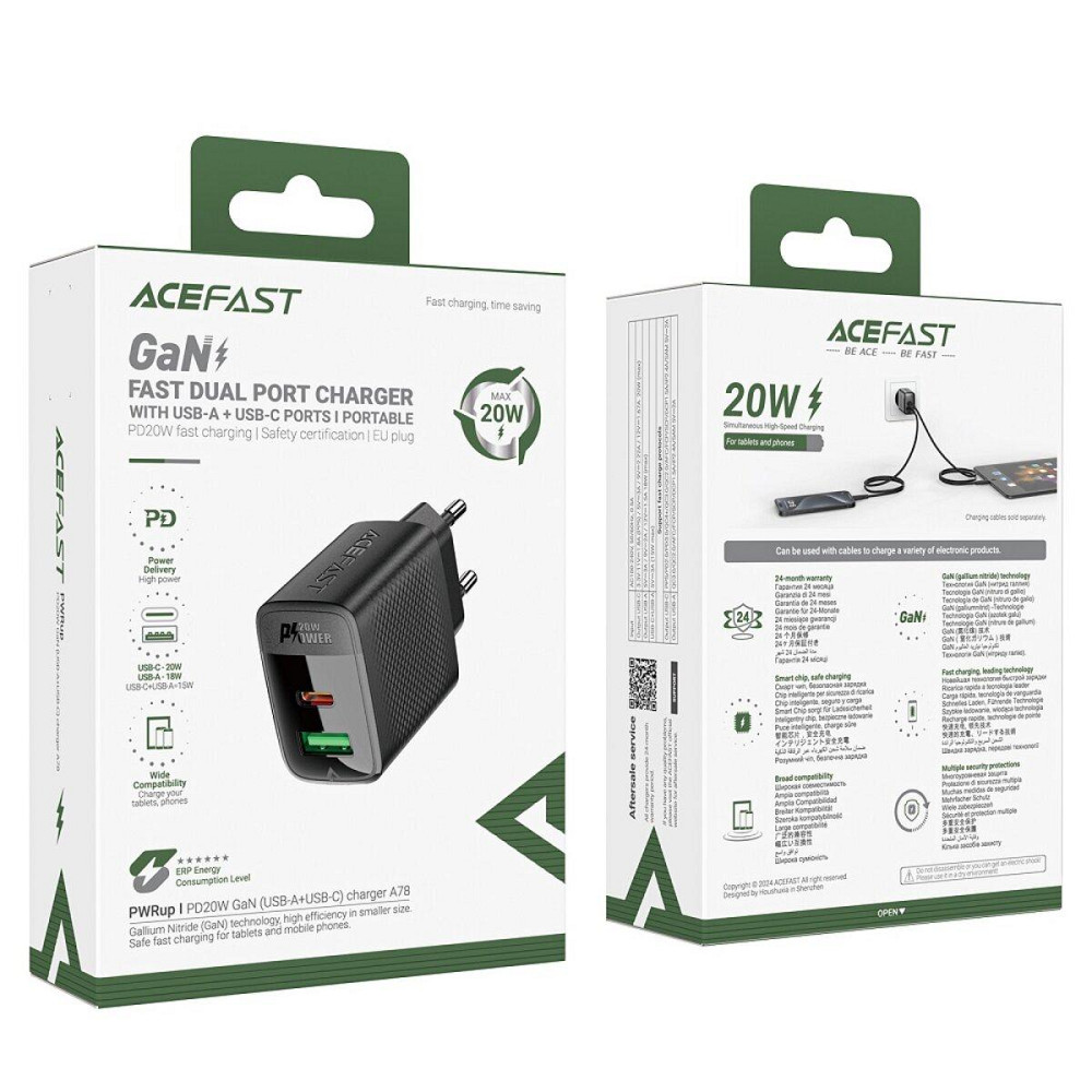 Мережевий зарядний пристрій ACEFAST A78 PD20W GaN charger Black 6974316283256 Одеса - фото 7