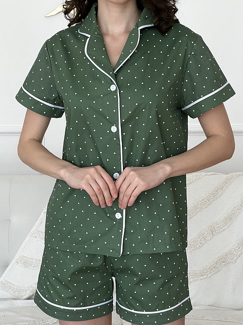Піжама жіноча рубашка і шорти з сатину в горох, зелена, 100% бавовна COSY Одеса - фото 4