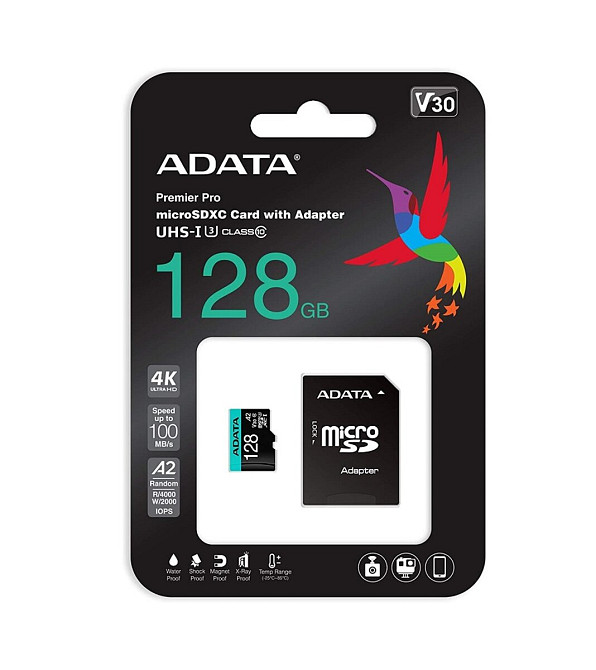 microSDXC (UHS-1 U3) A-DATA Premier Pro 128Gb Class 10 V30S A2 (R-100Mb/s W85Mb/s) (adapter SD) Київ - фото 3