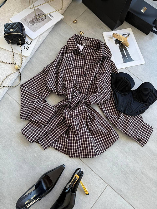 Жіноча сорочка оверсайз у дрібну карту костюмний тіар Сливовий Одеса - фото 6