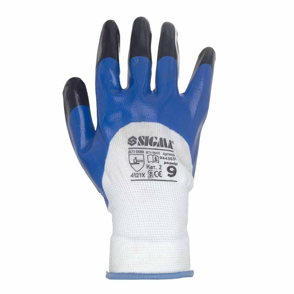 Трикотажні рукавички з частковим нітриловим покриттям посилені пальці р9 (синьо-чорні, манжет) SIGMA Рівне - фото 2