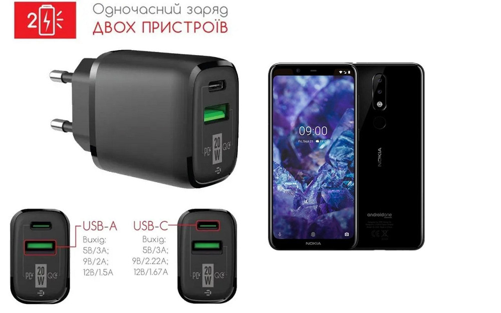 Сетевое зарядное устройство для Nokia 5.1 Plus, 20W 3A, Quick Charge 3.0 Киев - изображение 1