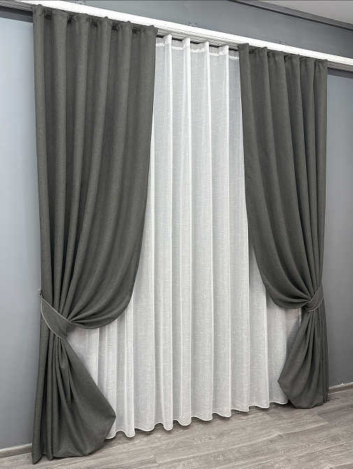 Комплект штор VR-Textil Лен Мешковина 150х270 2шт и Тюль 500х270 1282ш-115т Серый с белым 71-027/4 Киев - изображение 2