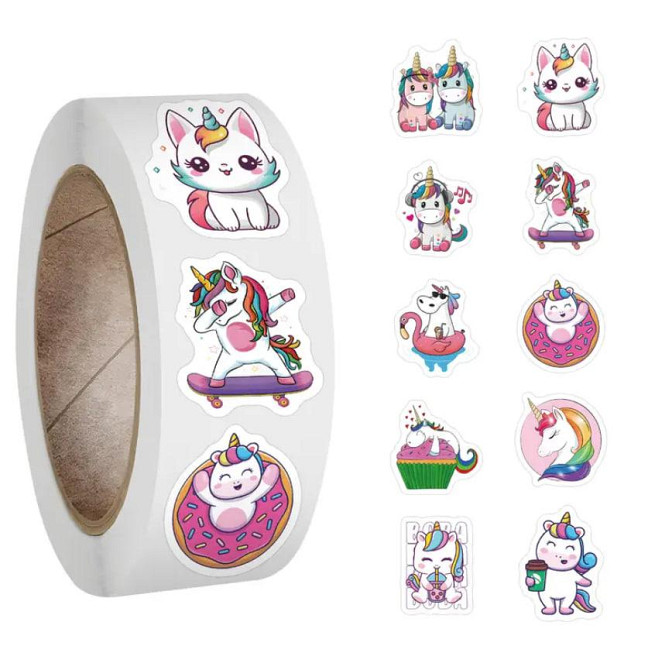 Наклейки «Единороги» в рулоне, 500 шт | 10 дизайнов, Ø 2.5 см, самоклеящиеся стикеры Киев - изображение 1