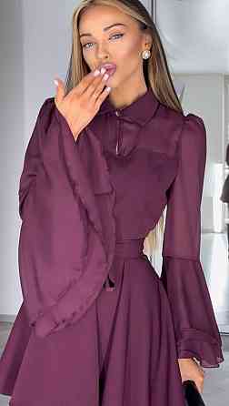 Женское нежное платье с шифоновыми рукавами и воланами костюмка + шифон Марсал, 42/44 Одесса