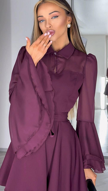 Женское нежное платье с шифоновыми рукавами и воланами костюмка + шифон Марсал, 42/44 Одесса - изображение 6