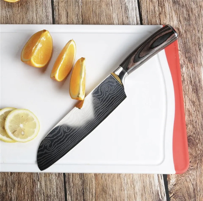 Кухонный нож Santoku для дома, нож для кемпинга и природы, 27,8 см, углеродистая сталь, коричневый Киев - изображение 4